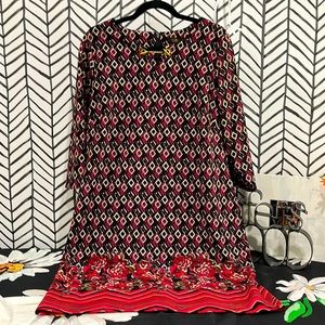 Black,Rose &Cream Smock Quarter-Length Sleeves & Gold Accent, Sz14